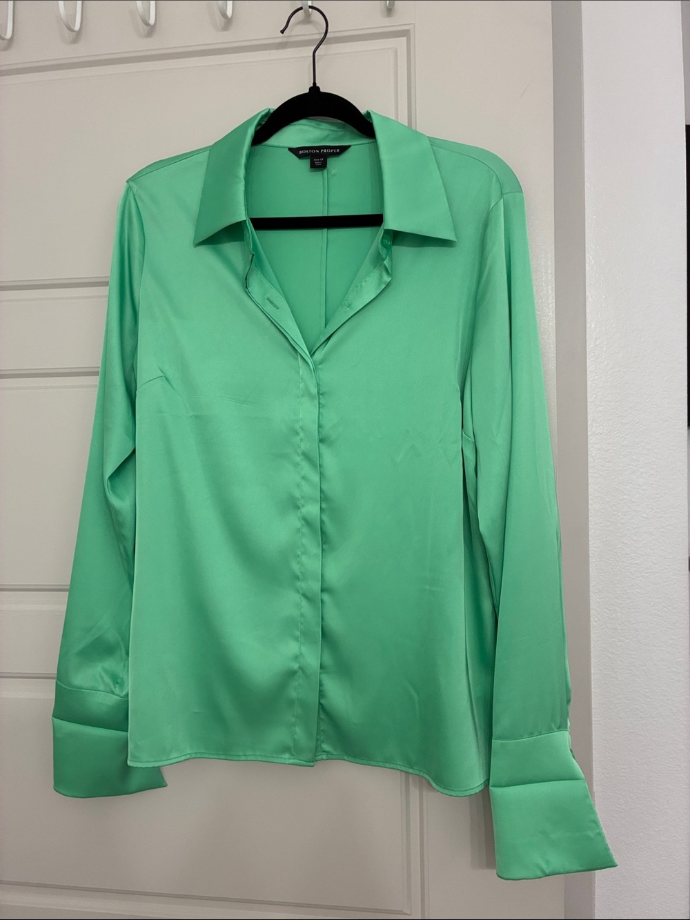 Green Satin Button-Down Blouse